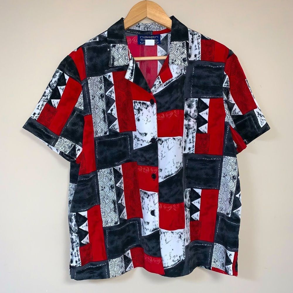 Vintage 80s 90s Geometric Retro Button Down Women’s XL Short Sleeve Red Black